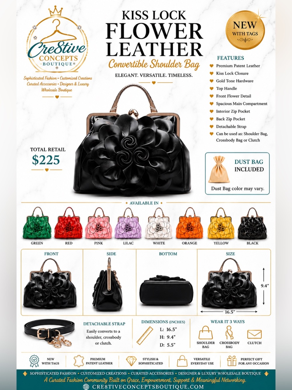 Exquisite Leather Flower Kiss-Lock Handbag